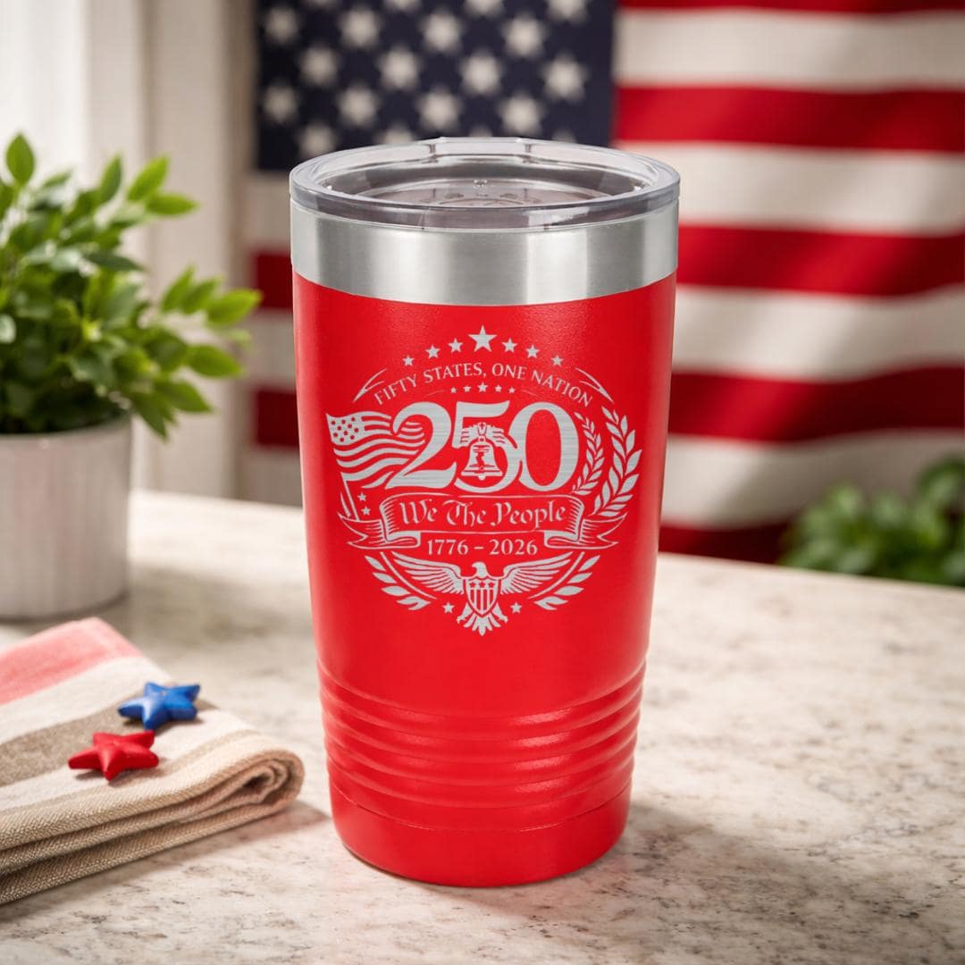 America 250th Anniversary tumbler styled as a USA military veteran gift with Liberty Bell and flag design