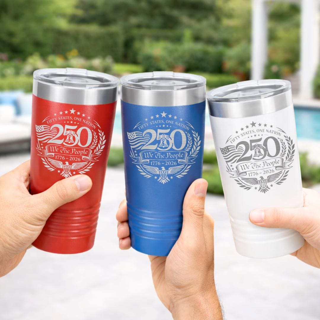 Set of America 250 tumblers showing capacity and design