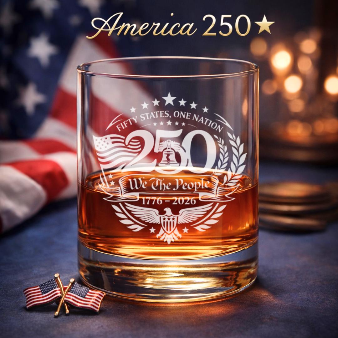 Personalized America 250 Anniversary Engraved Whiskey Glass with Liberty Bell, eagle, and flag design
