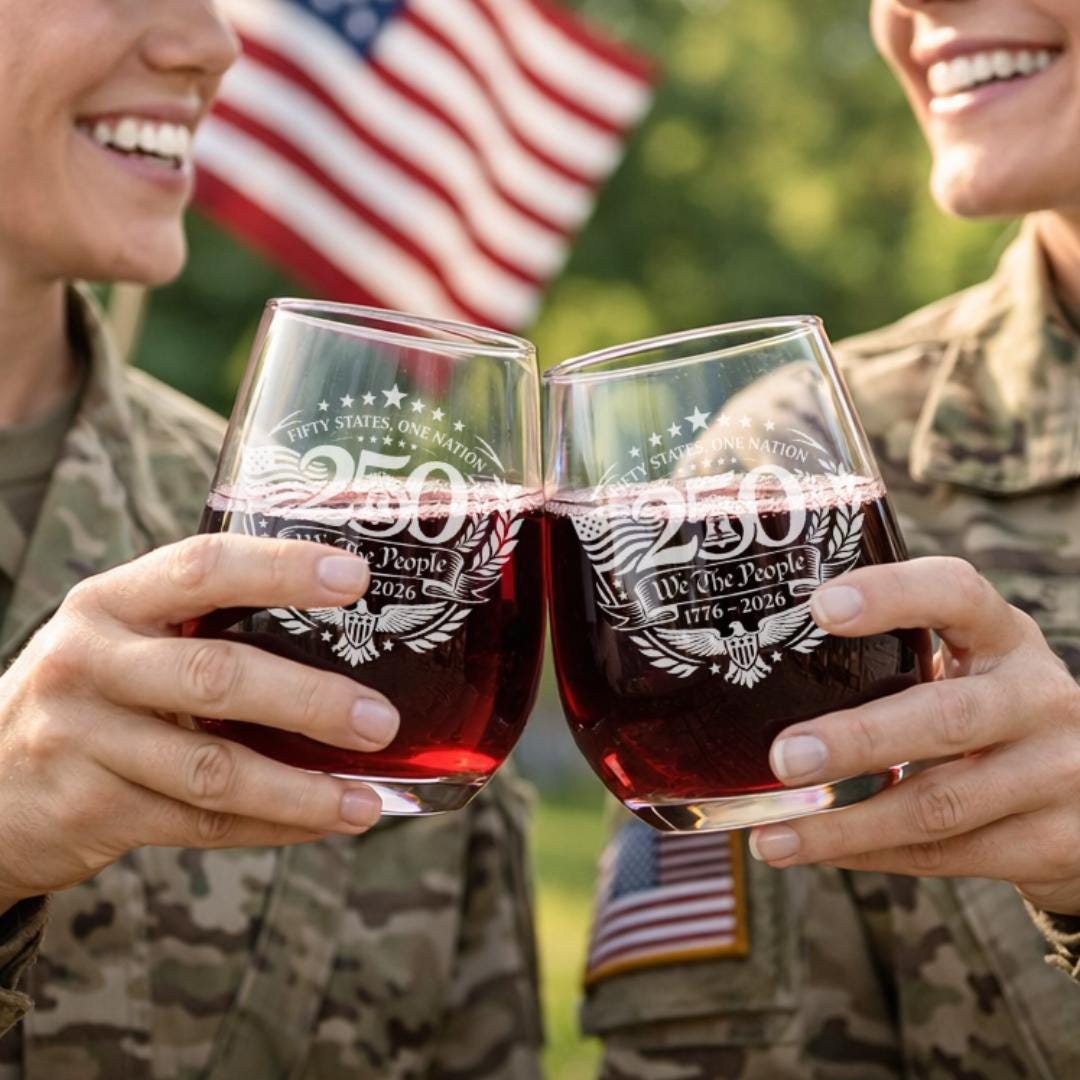 Patriotic engraved drinkware close-up