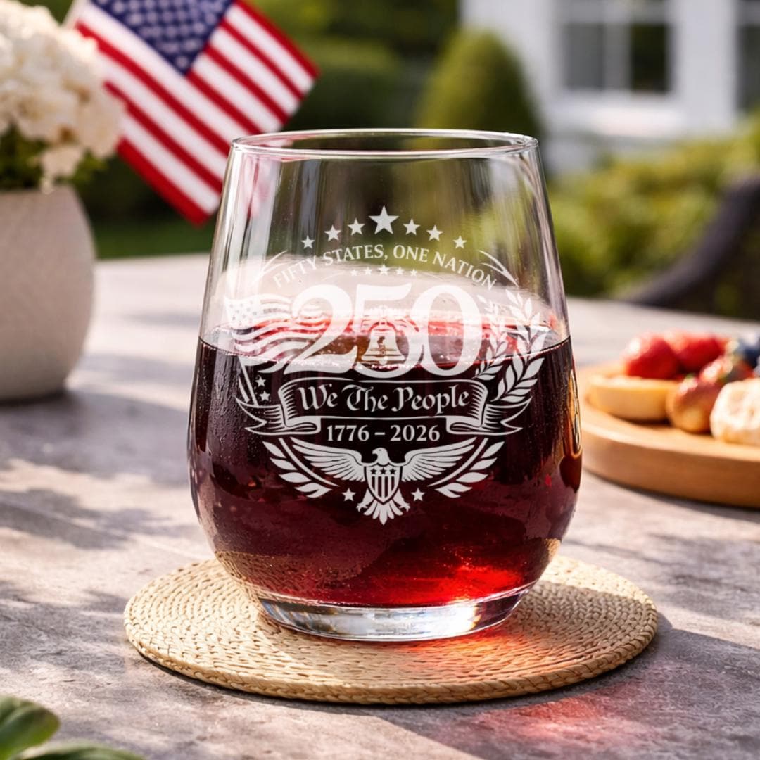 America 250 wine glass variant — stemless wine glass with patriotic engraving