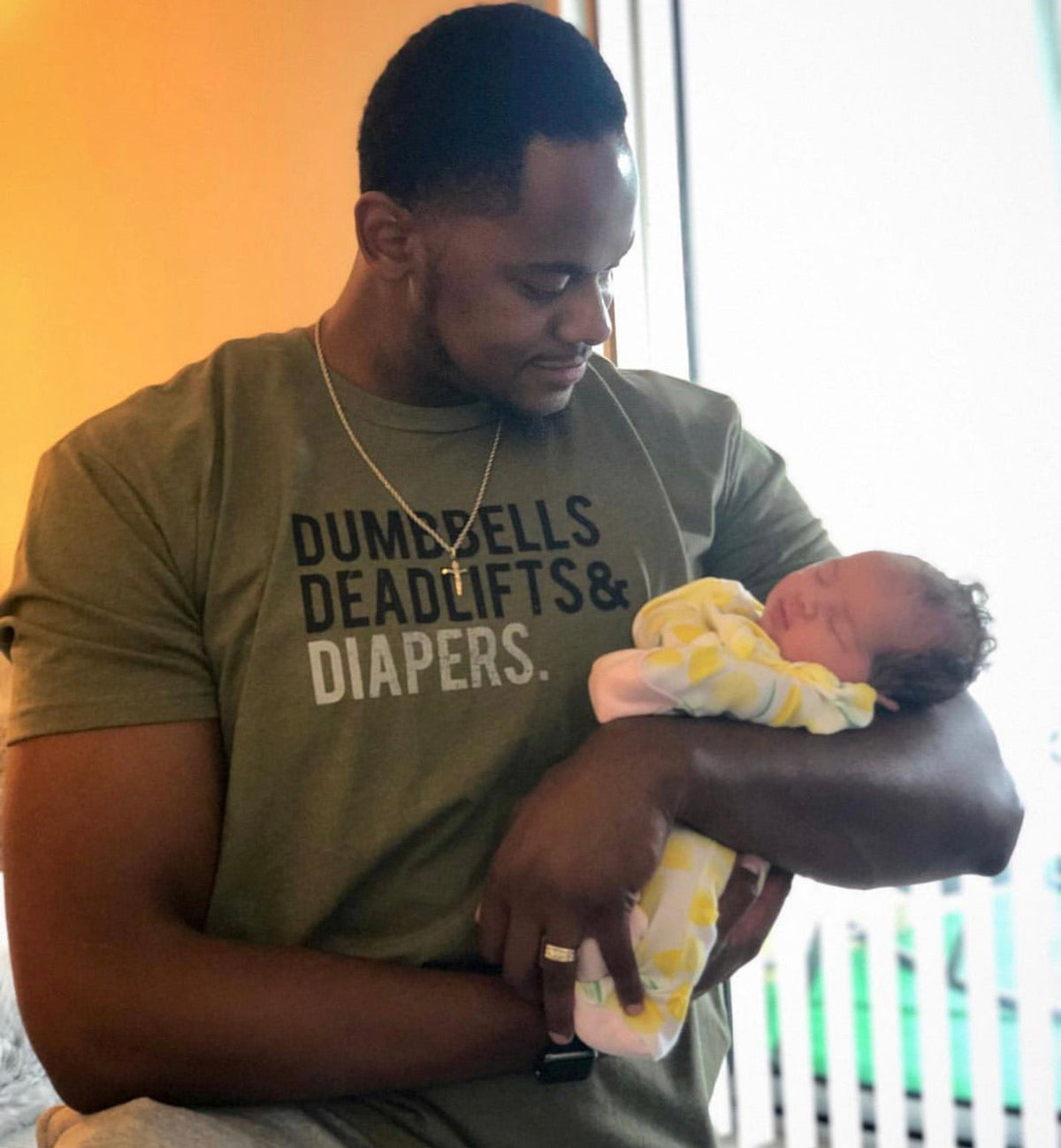 Black Triple D dad shirt with “Dumbbells, Deadlifts & Diapers” print, cotton-poly blend.