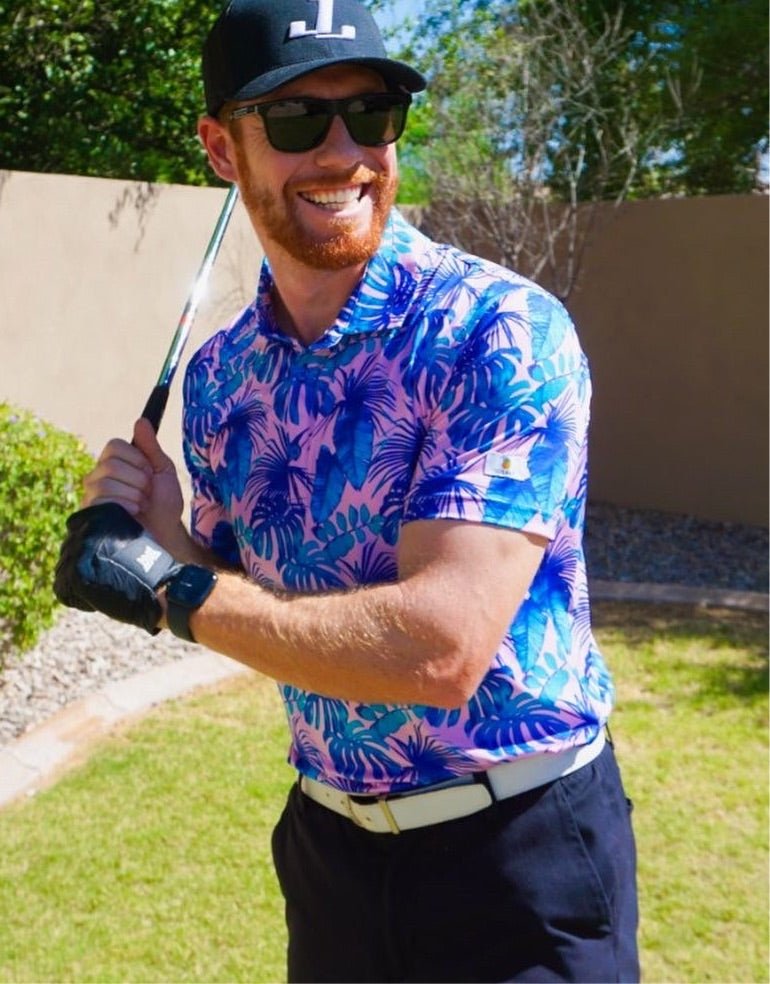 Unique Personalized Pink Palms Customized golf Polos Gifts for Men by Groovy Guy