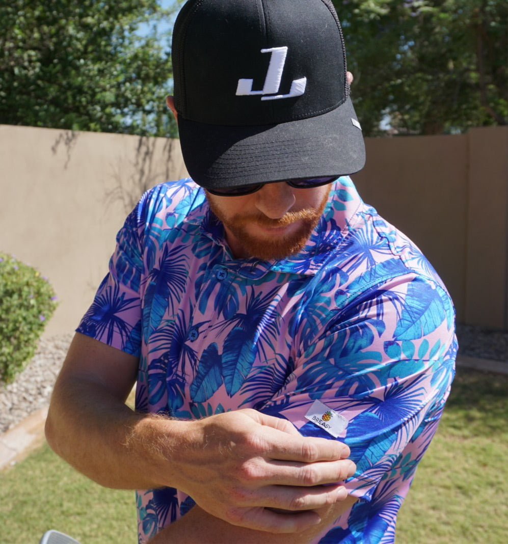 Unique Personalized Pink Palms Customized golf Polos Gifts for Men by Groovy Guy