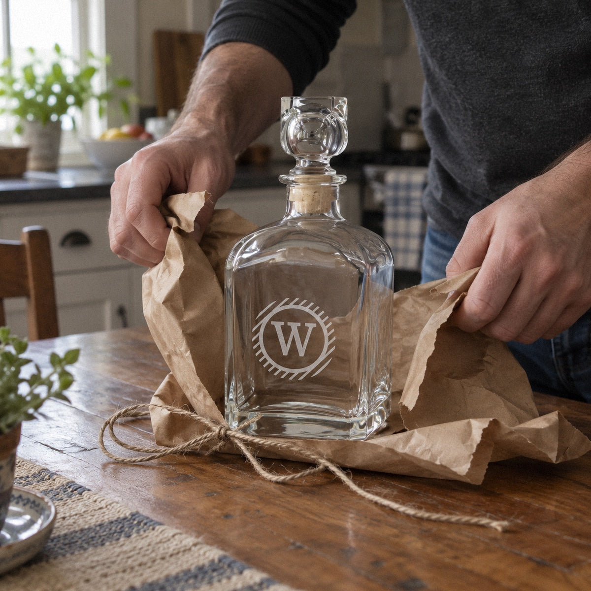 Hands unwrap brown kraft paper from a circle initial whiskey decanter etched W at the kitchen table, a monogram gift for dad or husband