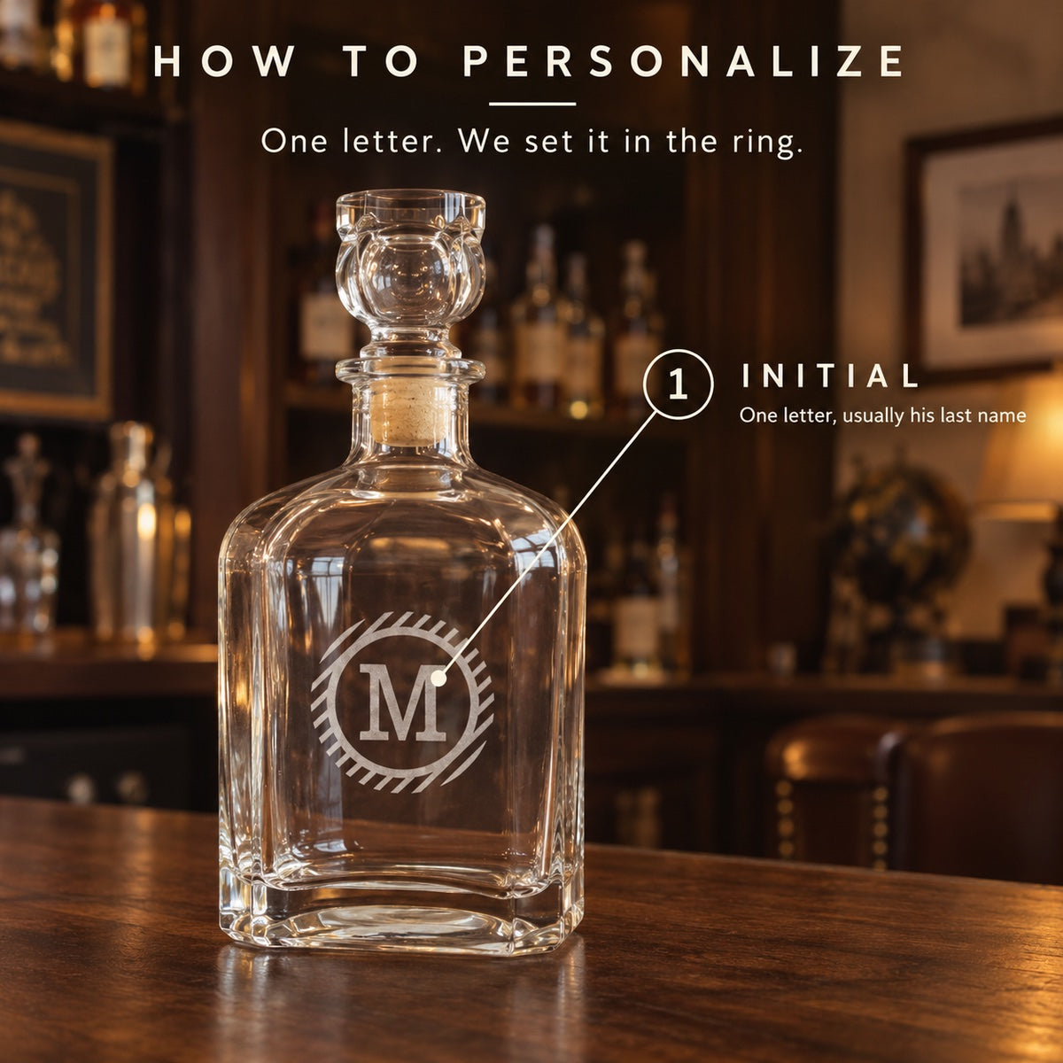 How to personalize the circle initial decanter: type one letter, usually his last name, and it is set inside the striped ring, shown as M