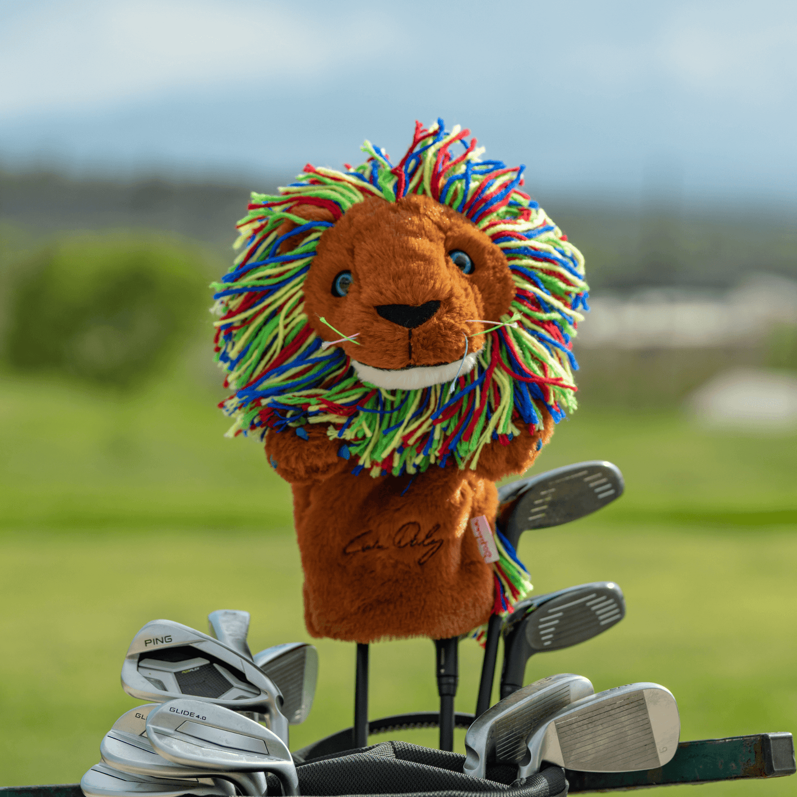Lion plush golf headcover for drivers up to 460cc, photographed on a plain background