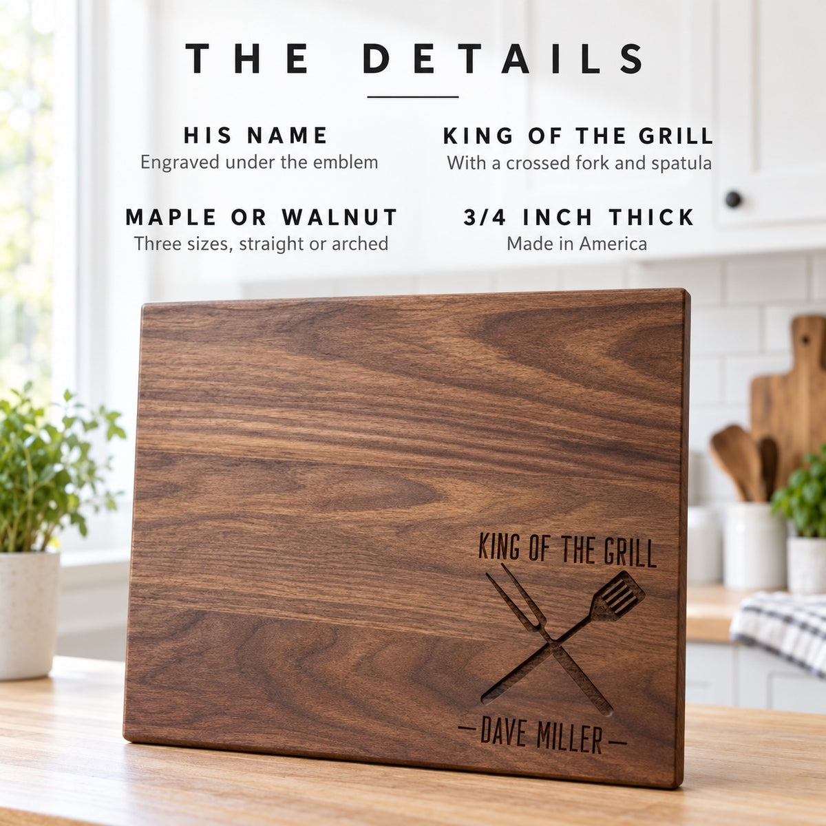 Details of the King of the Grill cutting board engraved DAVE MILLER: his name under a crossed fork and spatula, maple or walnut, 3/4 inch thick