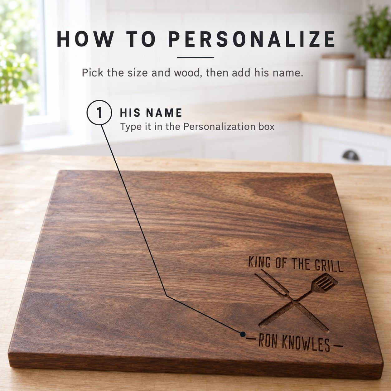 How to personalize the King of the Grill cutting board: pick the size and wood, then type his name, shown engraved RON KNOWLES under the emblem