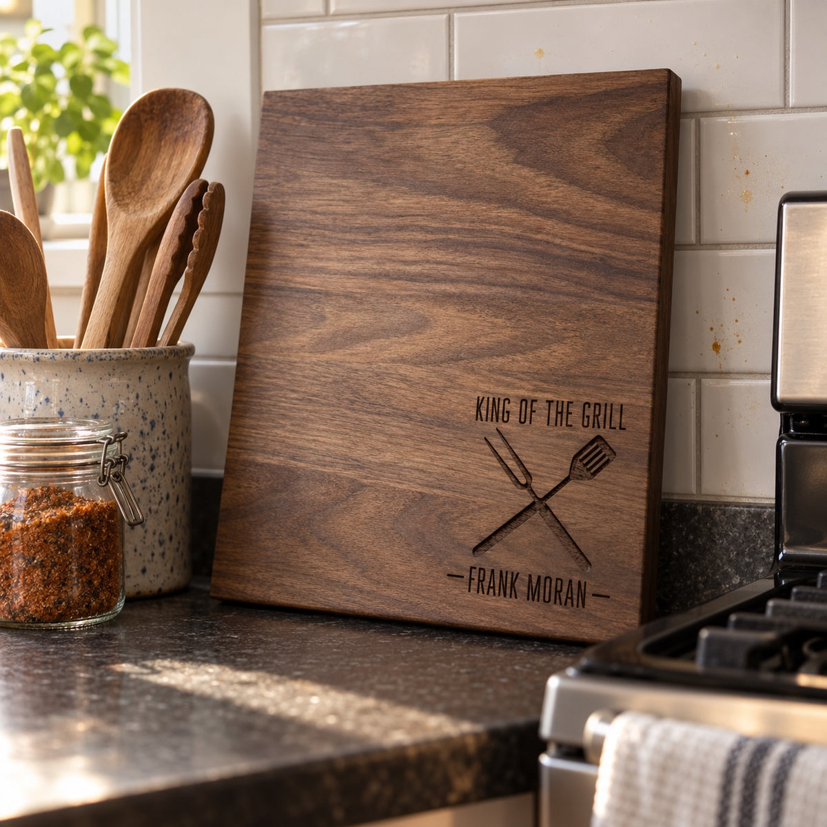 Walnut King of the Grill cutting board engraved FRANK MORAN leaning on a kitchen backsplash beside wooden spoons and a jar of barbecue rub