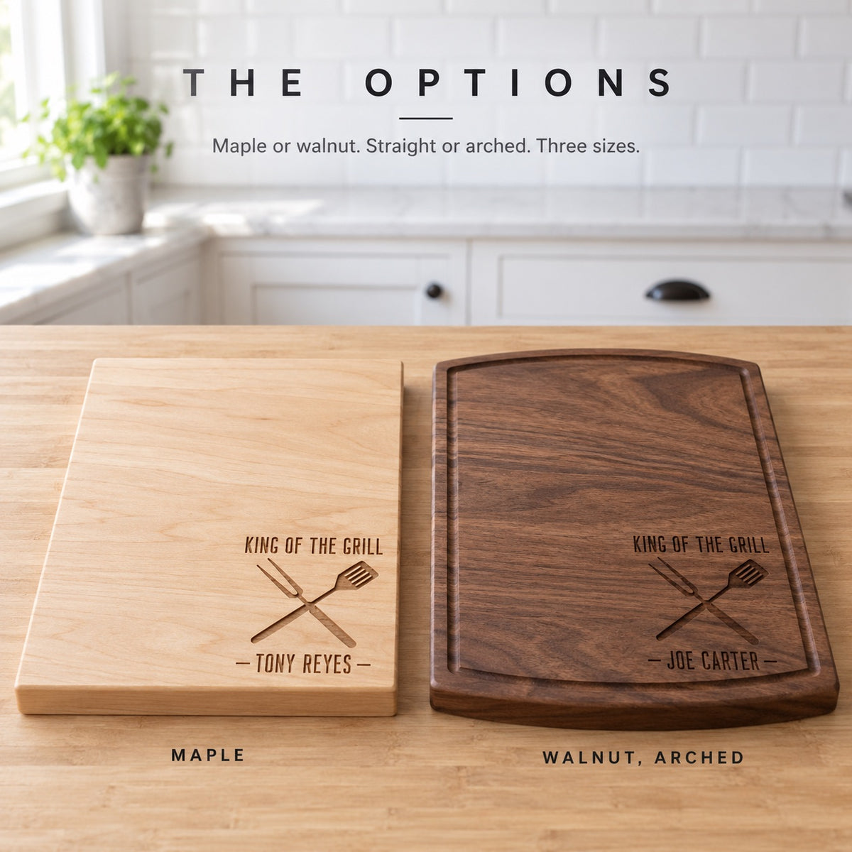 King of the Grill cutting board options: a maple board engraved TONY REYES beside an arched walnut board engraved JOE CARTER, both with the grill emblem