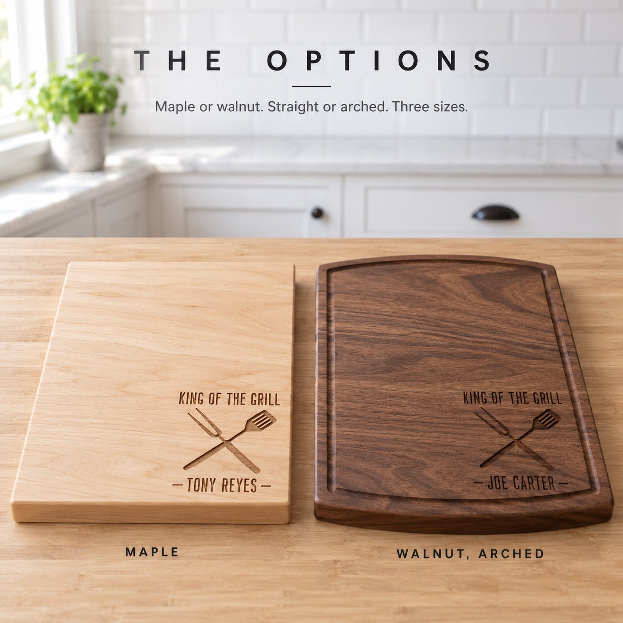 King of the Grill cutting board options: a maple board engraved TONY REYES beside an arched walnut board engraved JOE CARTER, both with the grill emblem