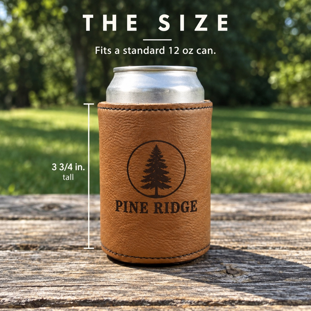 Size of the custom koozie with logo: a 3 3/4 inch tall faux leather can cooler that fits a standard 12 oz can, shown in brown