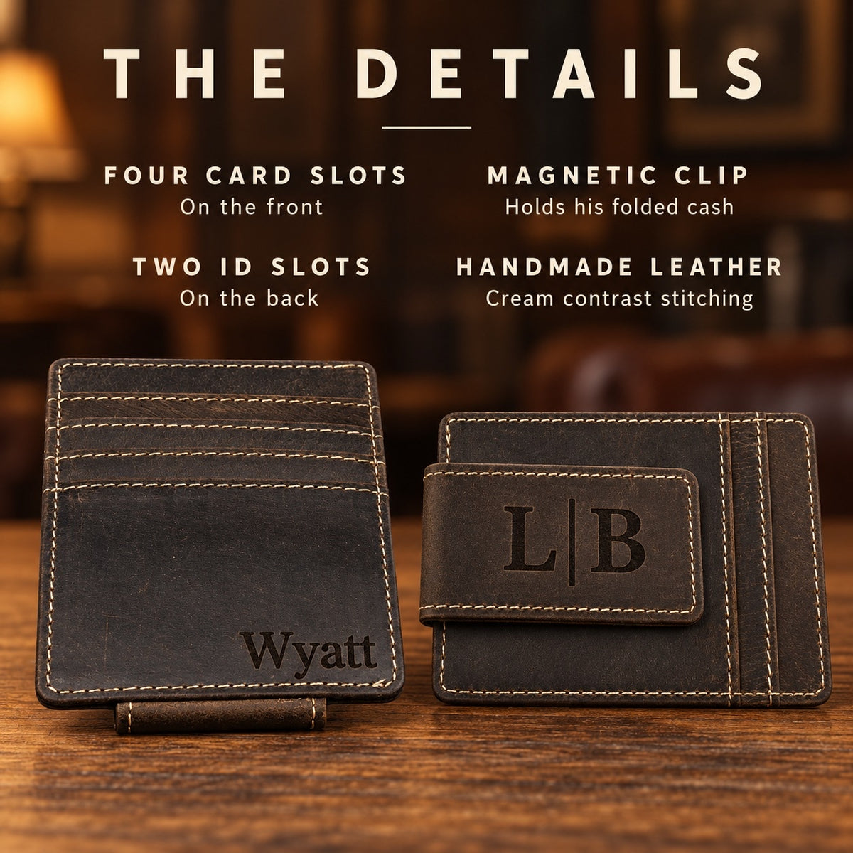 The details of the leather money clip wallet: four card slots on the front, a magnetic clip for folded cash, two ID slots on the back, cream stitching