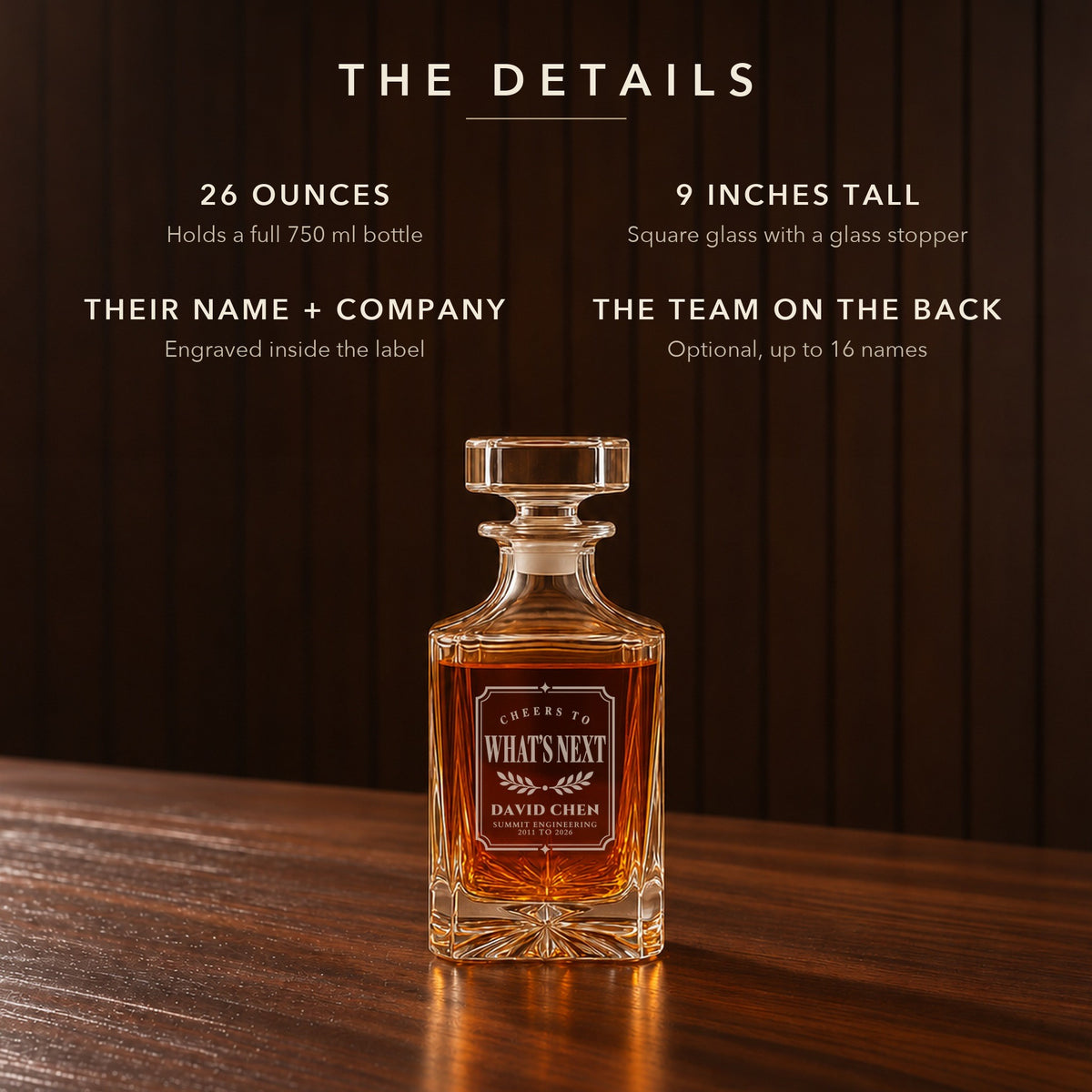 Details of the leaving gift for a boss: a 26 oz whiskey decanter, 9 inches tall, with their name and company inside the label and team names on the back
