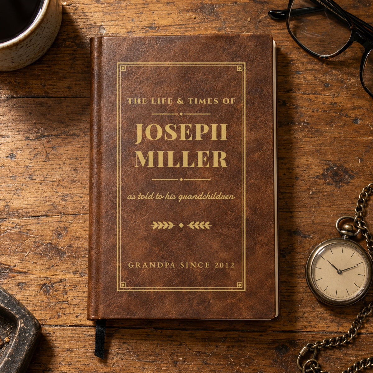 Life & Times grandpa journal in rustic brown with gold engraving: The Life & Times of Joseph Miller, as told to his grandchildren, born in 1951