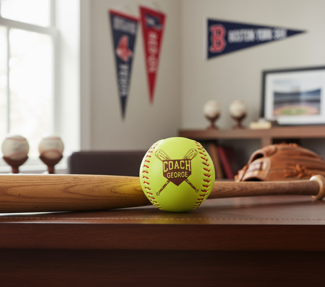 Neon yellow softball with crossed bats and sample text COACH engraved, displayed on a desk as a coach keepsake