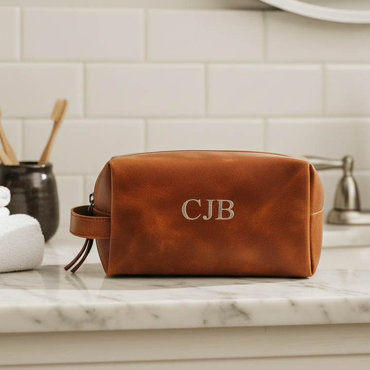Brown leather toiletry bag with 'CJB' initials on a bathroom counter.