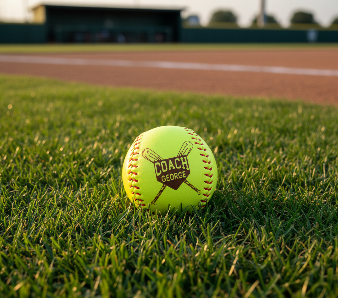 Bright yellow-green softball on a grass field displaying laser engraved personalized coach appreciation design
