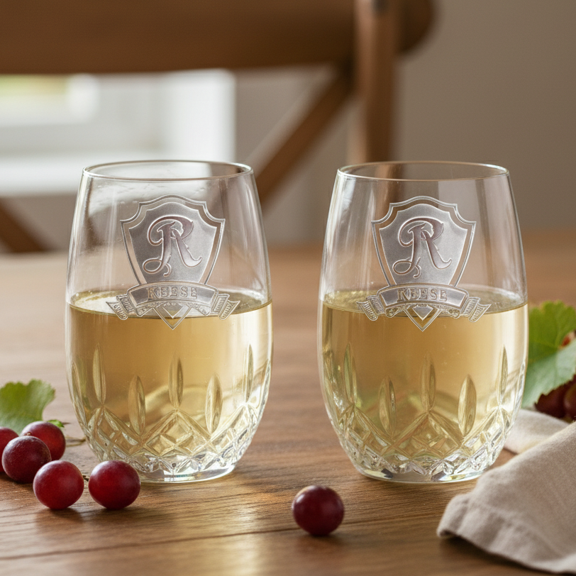 Two personalized waterford stemless wine glasses with custom engraved inital