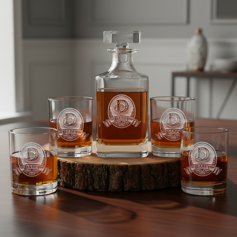 Whiskey decanter and glasses with a custom engraving on a wooden coaster.