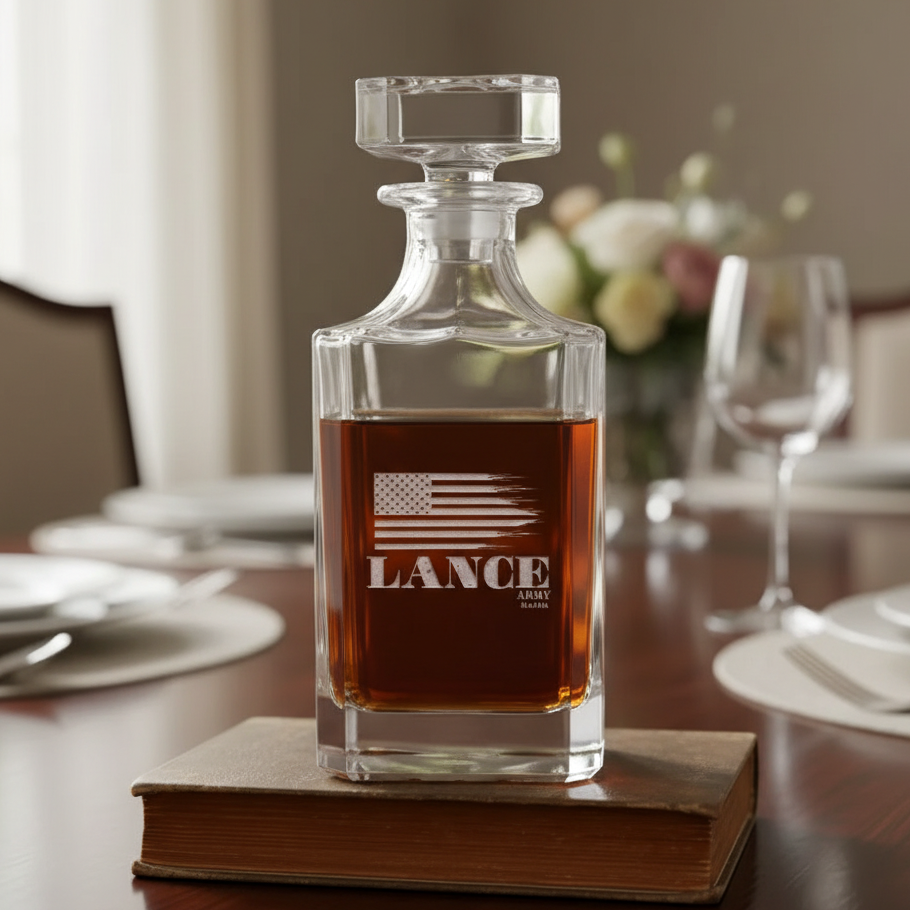 Clear glass decanter with brown liquid on a wooden table, featuring the name 'LANCE'.