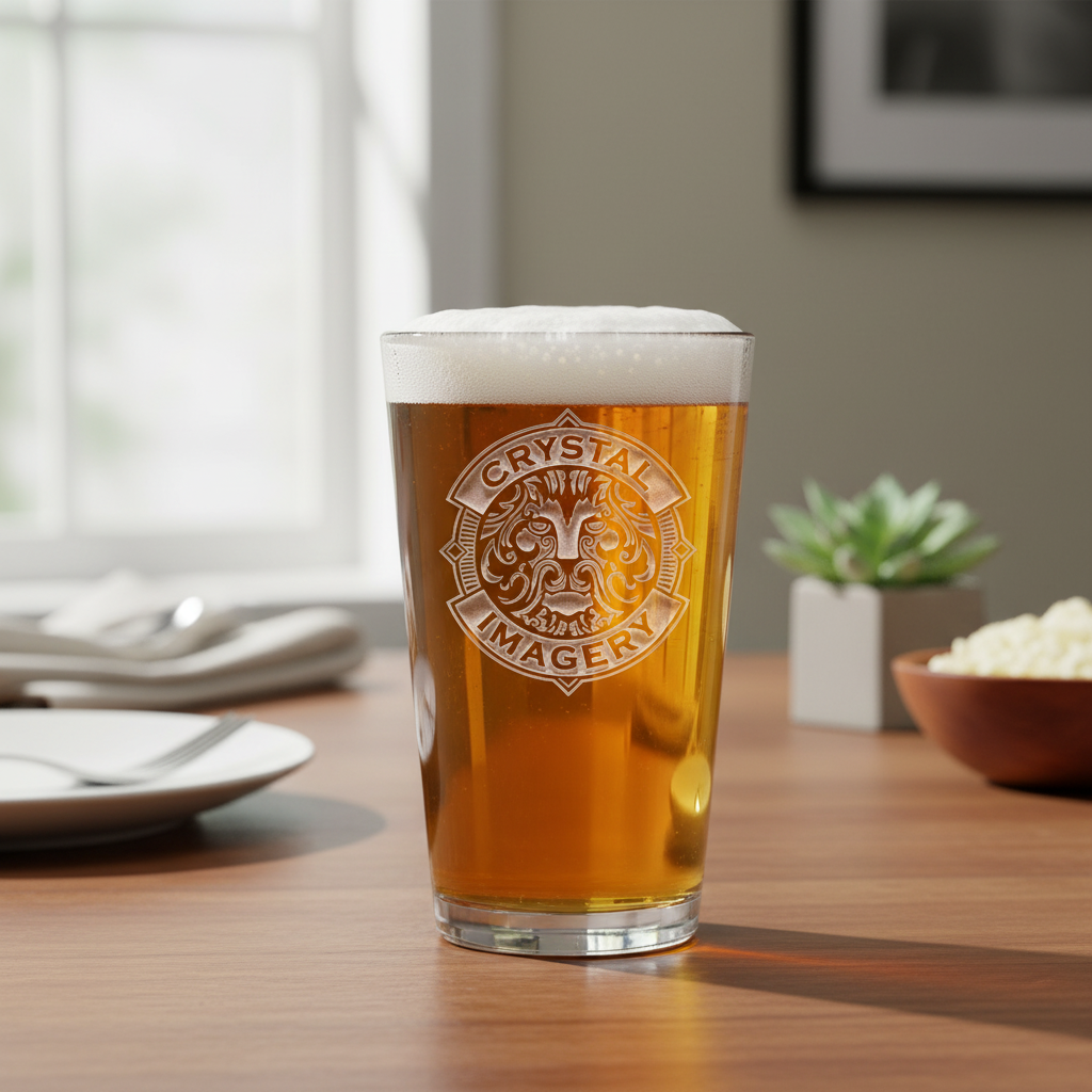 Pint Glass of beer with a brand logo on a wooden table