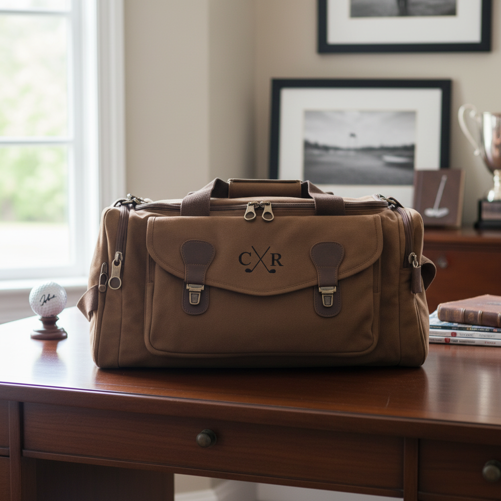 Golf coach duffle bag on a study desk with golf memorabilia, personalized with a crossed golf clubs design and two initials.