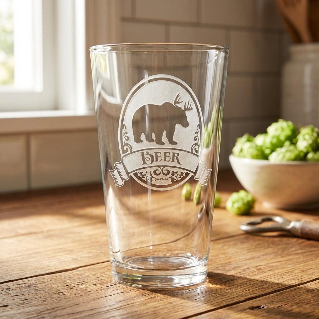 Engraved Bear+Deer Pub Pint Beer Glass