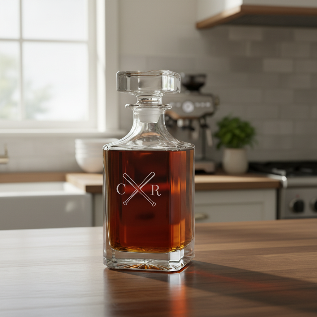 Clear glass decanter with crossed baseball bat design engraved with sample initials "C" and "R", filled with amber liquor, displayed on kitchen counter