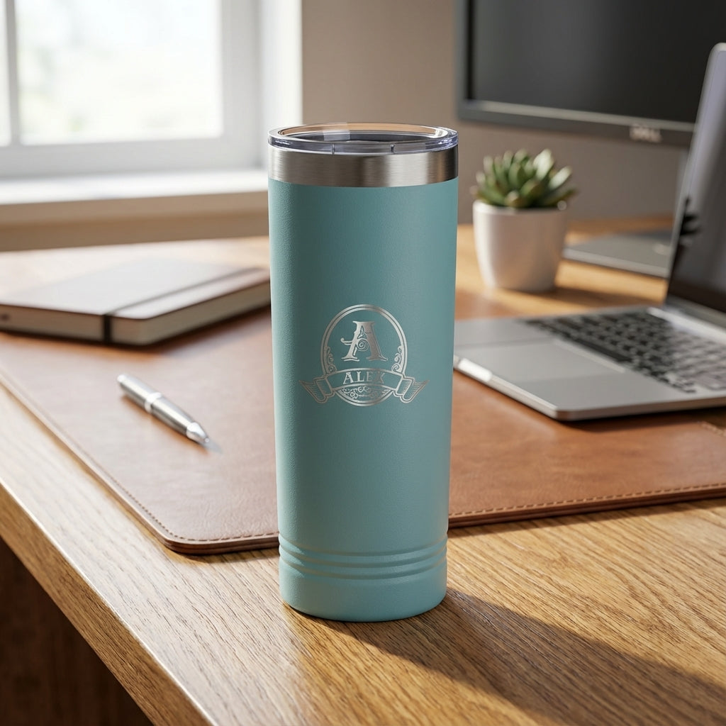 Daily Grind personalized coffee travel tumbler with engraved initial and name