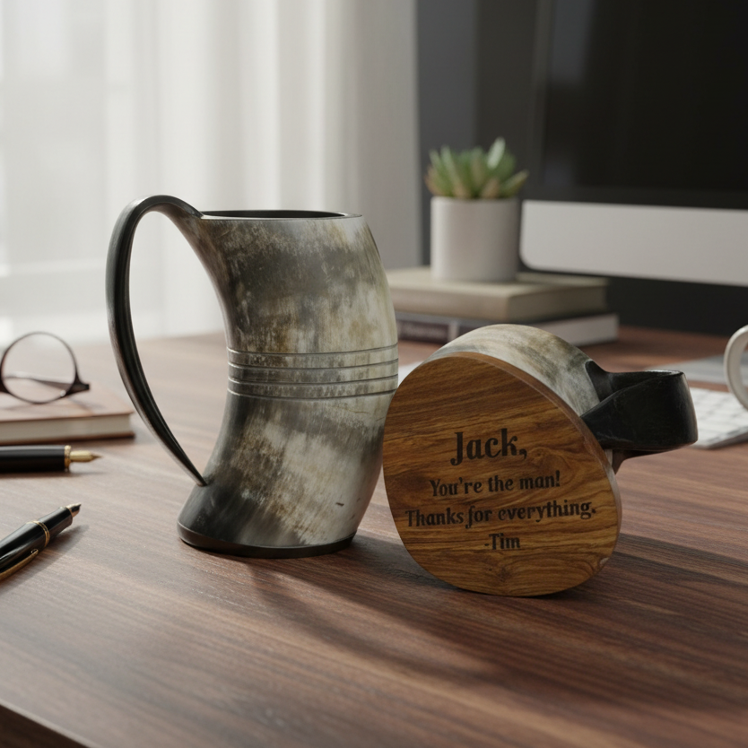 Personalized Viking Horn mug with wooden base on a desk with computer and books in the background