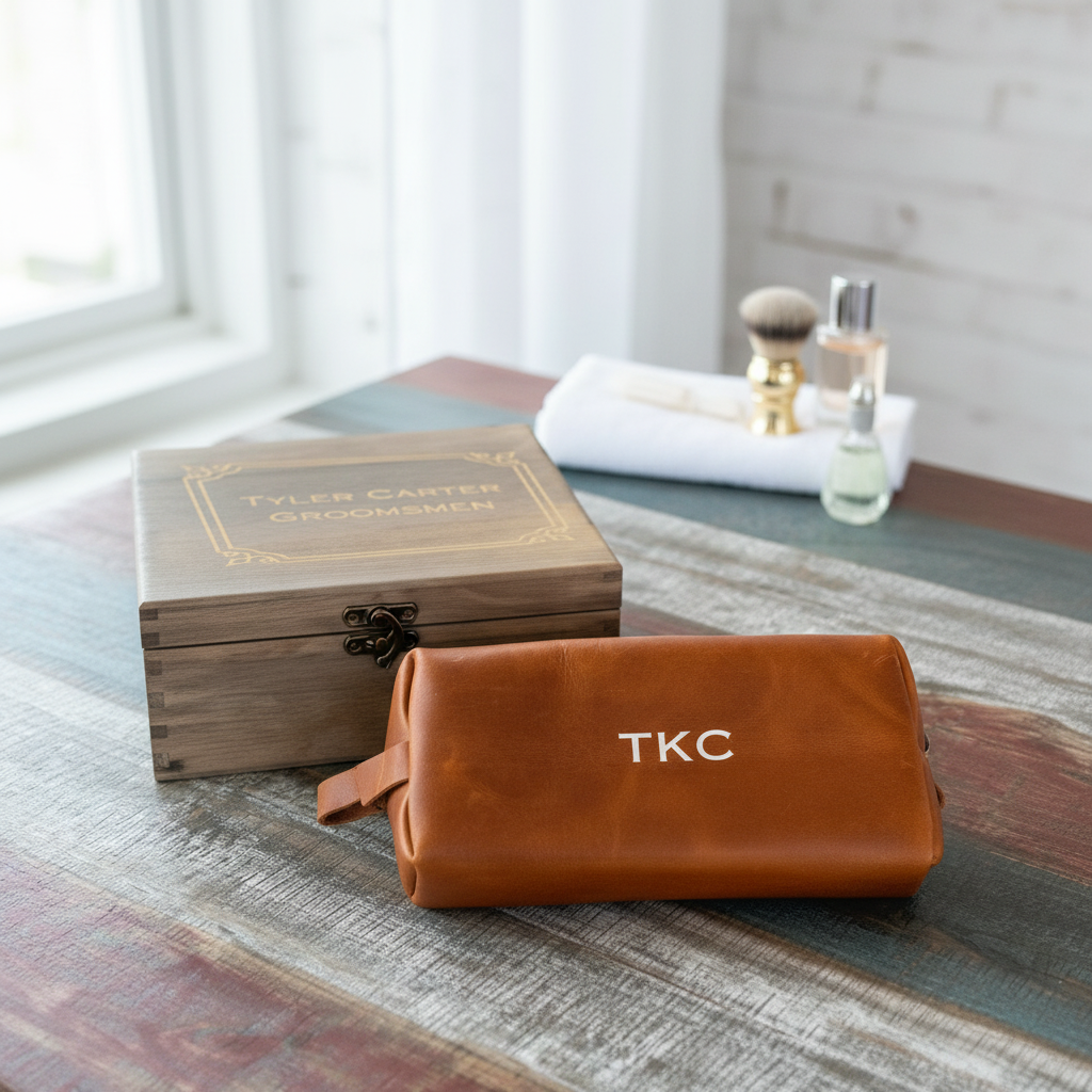 Cognac leather dopp kit monogrammed with sample initials "TKC" displayed alongside wooden keepsake box engraved with "TYLER CARTER GROOMSMEN