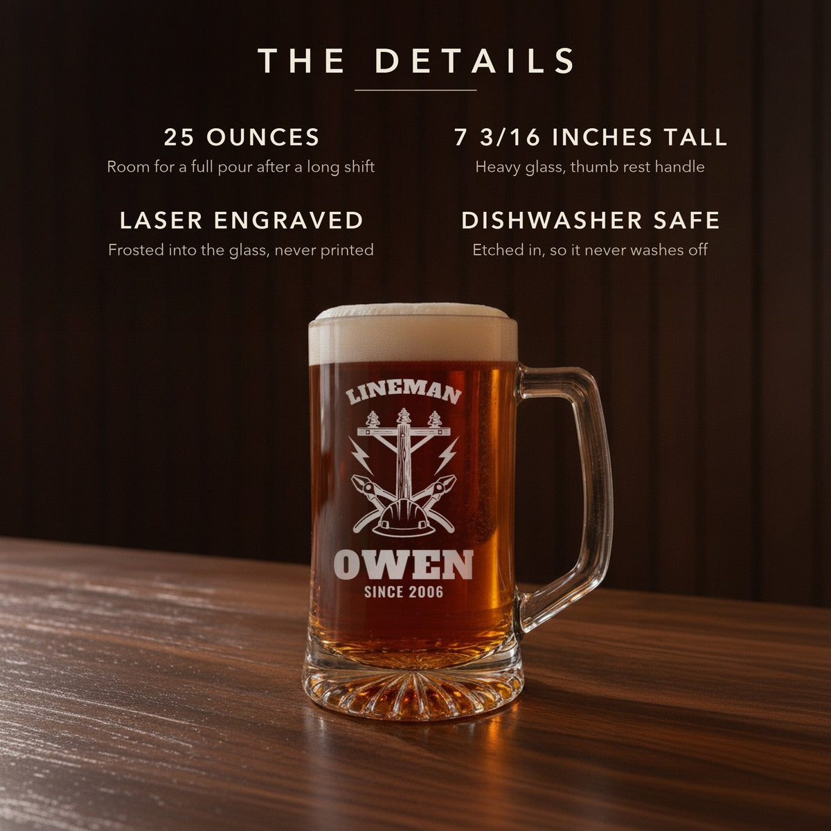 Details card for the lineman beer stein: 25 ounces, 7 3/16 inches tall, laser engraved, dishwasher safe: Lineman, Owen, Since 2006