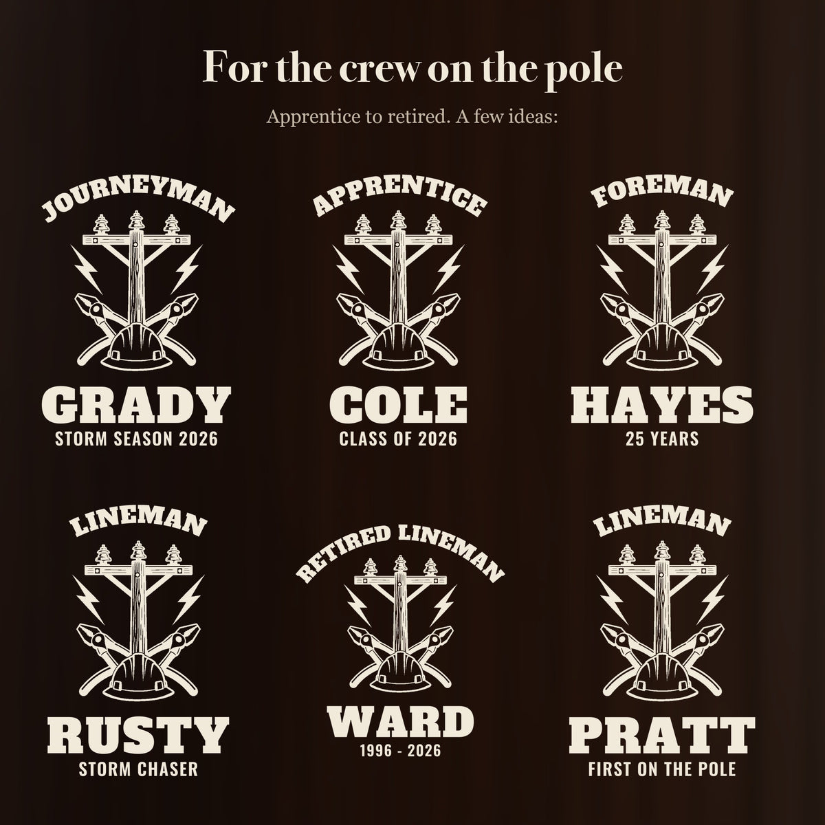 Six ways to engrave the lineman beer stein: Journeyman Grady, Apprentice Cole, Foreman Hayes, Lineman Rusty and more