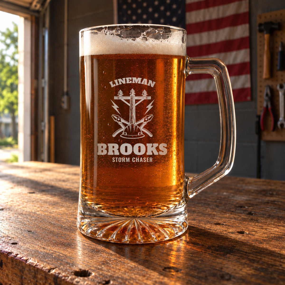 Personalized lineman beer stein in a real setting, engraved with a utility pole, a hard hat and crossed lineman pliers: Lineman, Brooks, Storm Chaser