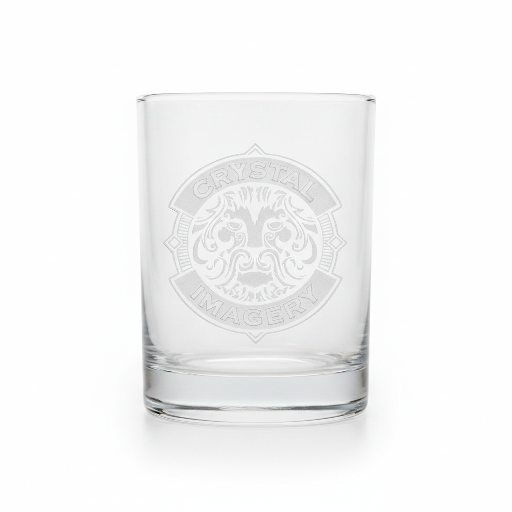 Heavy crystal bourbon whiskey glass sand-carved with a custom company logo emblem, a premium personalized corporate gift for executives and clients.