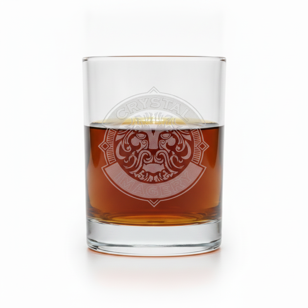 Heavy crystal bourbon whiskey glass filled with amber whiskey, sand-carved with a custom company logo emblem that stands out, a premium personalized corporate gift.