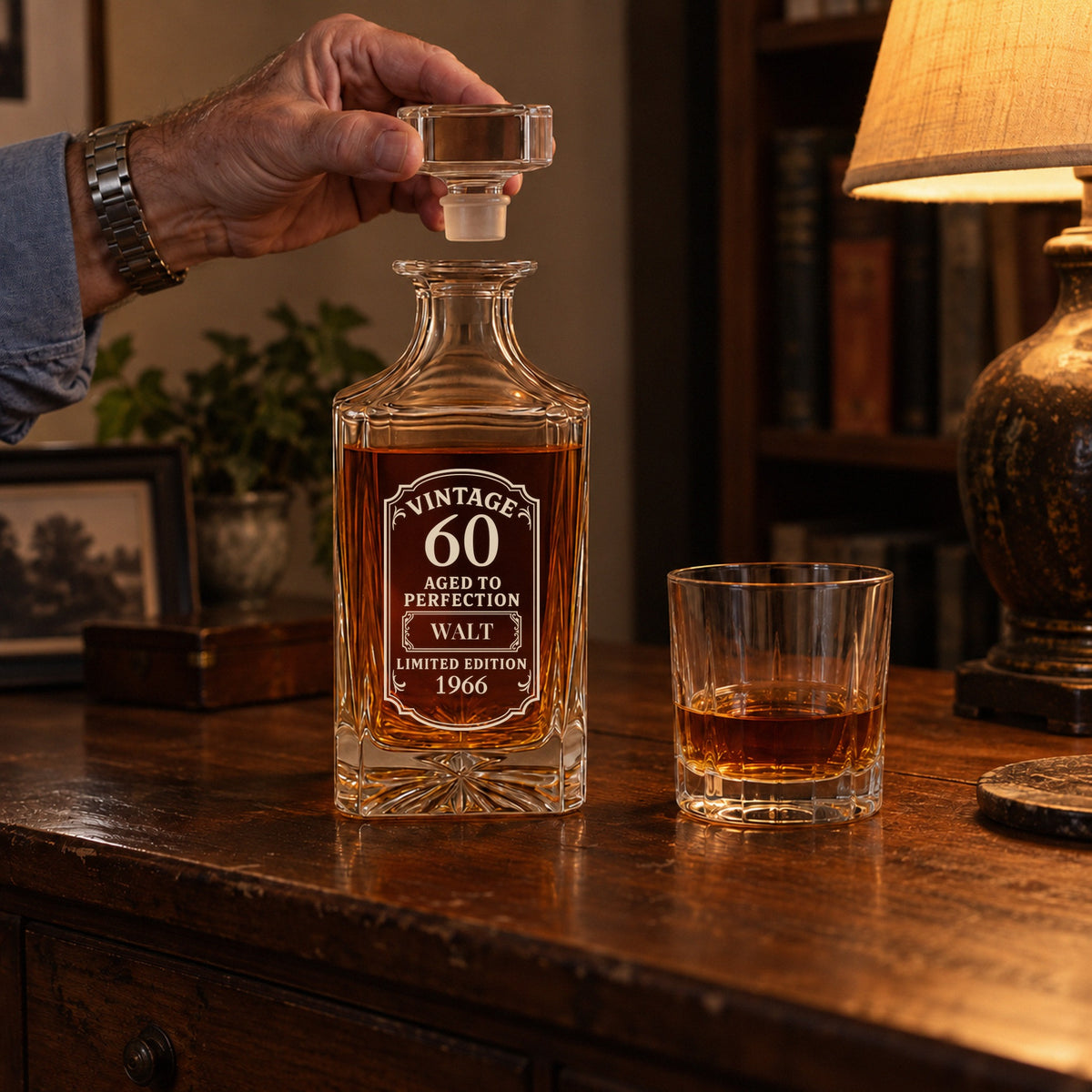 Lifting the stopper on an engraved Vintage 60 decanter with the name WALT beside a glass of bourbon, one of the best male 60th birthday gift ideas