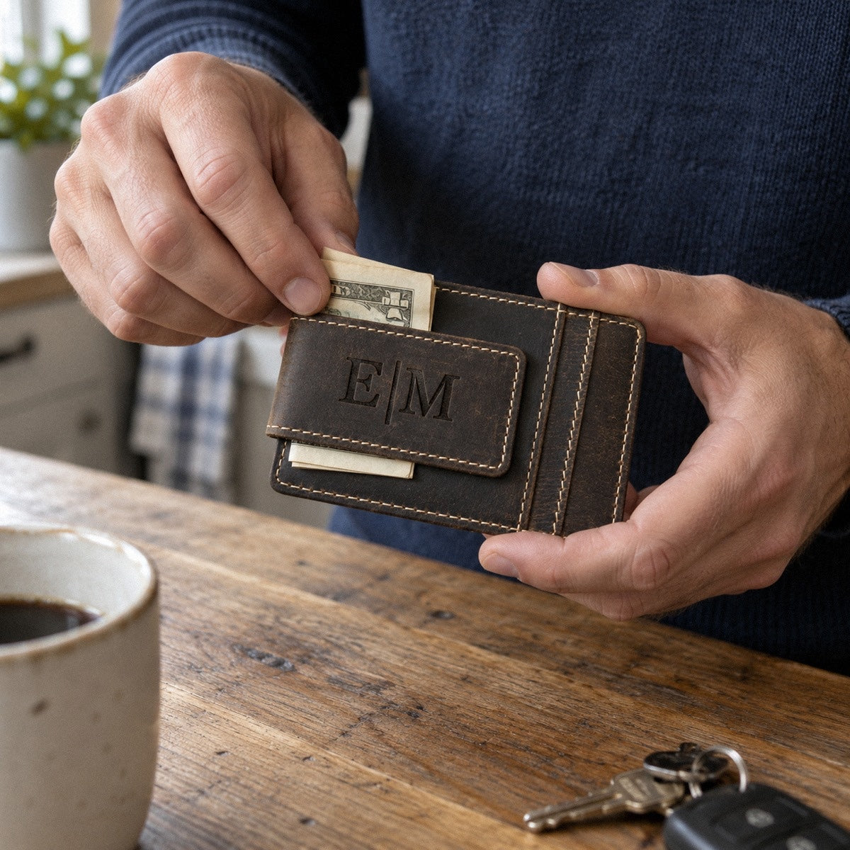 A man slides folded cash into the magnetic clip of his personalized money clip wallet, engraved with the initials E and M, at a kitchen counter