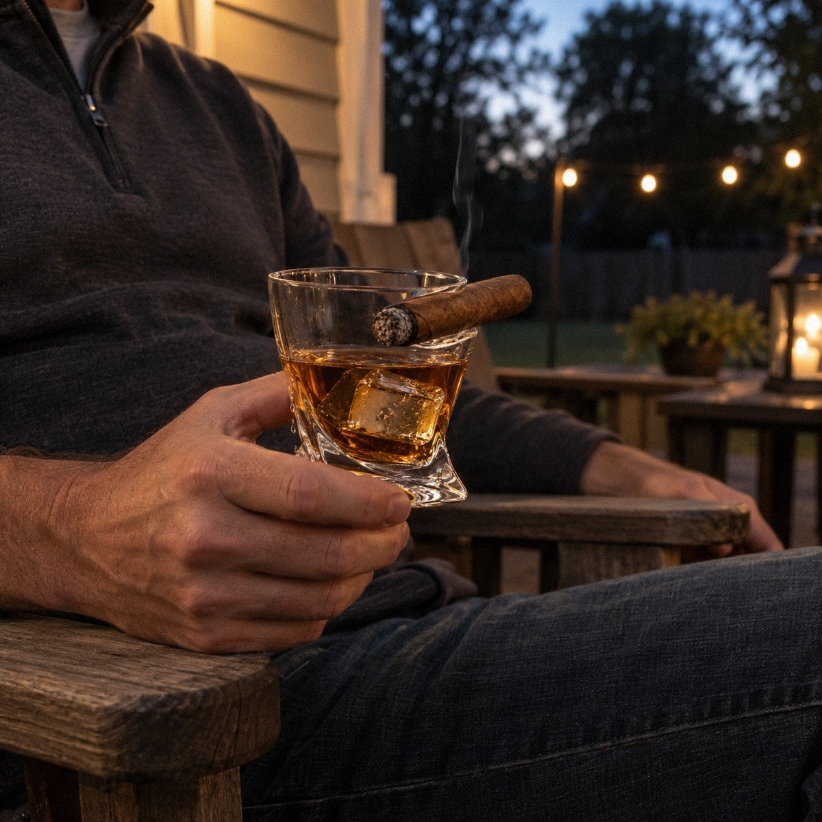 A man relaxes on his back porch at dusk holding a cigar glass holder with bourbon, his cigar resting in the rim notch, a gift for whiskey lovers
