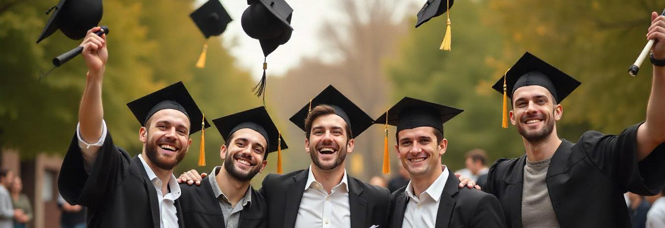 Group of young men in graduation caps and gowns celebrating outdoors after graduation ceremony