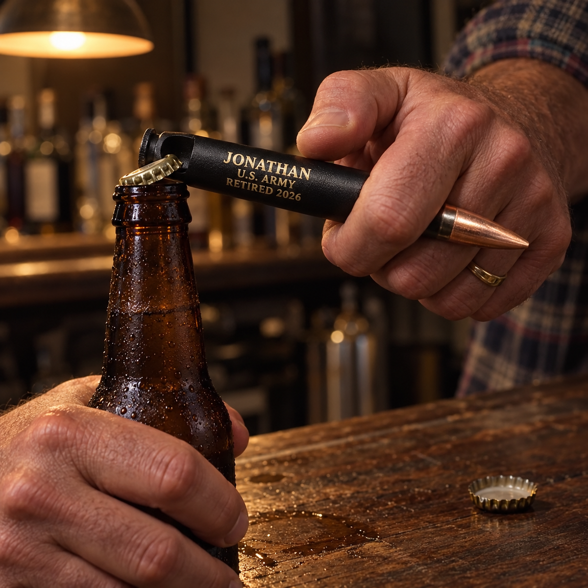 A man pops the cap off a beer with his engraved military bullet bottle opener at the bar, the bottle cap landing on the counter