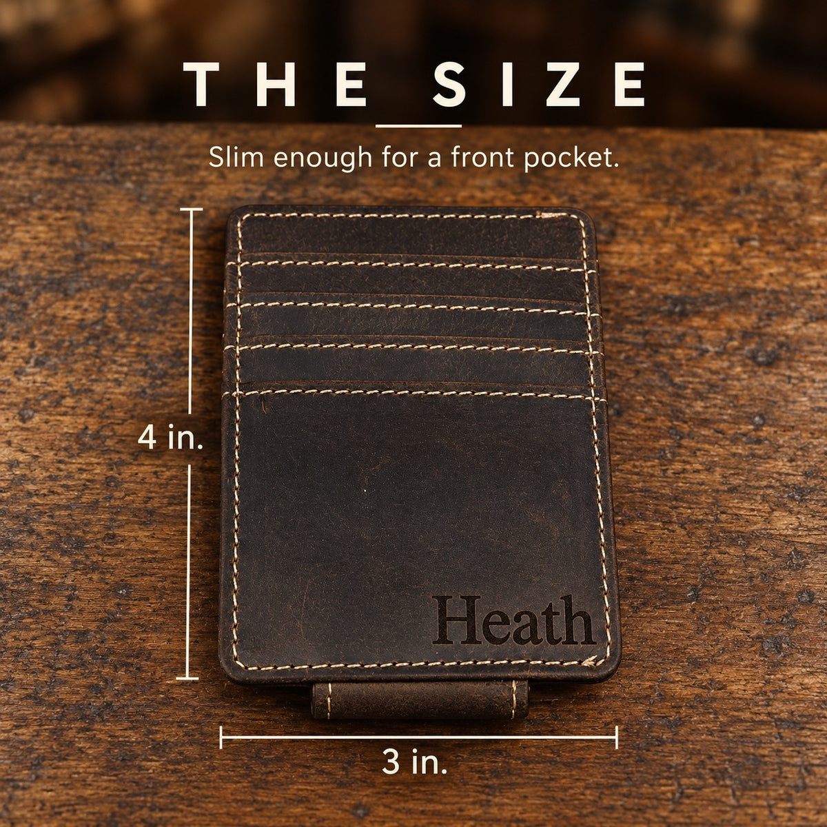 Size of the personalized mens wallet with money clip: 4 inches by 3 inches, slim enough for a front pocket, engraved with the name Heath