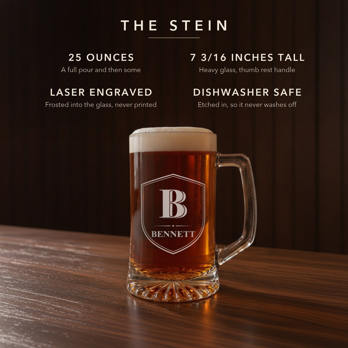 Spec card for the personalized monogram beer stein: 25 ounces, 7 3/16 inches tall, laser engraved and dishwasher safe, with a Shield Crest reading Bennett