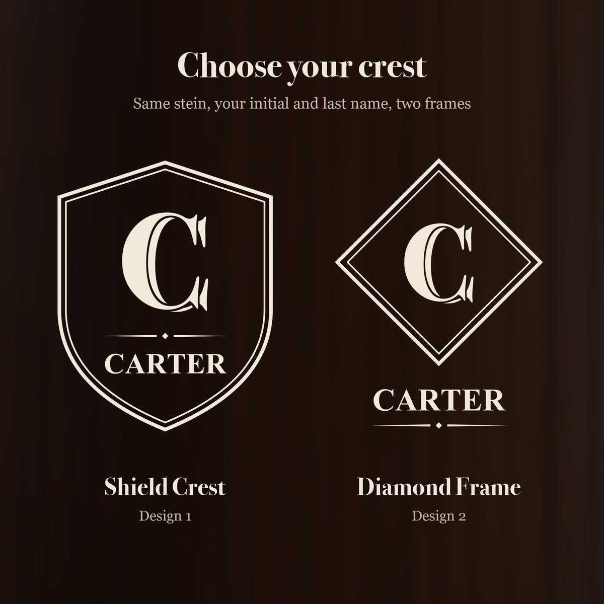 Two crest designs for the personalized monogram beer stein, the Shield Crest and the Diamond Frame, each shown with the initial C and the name Carter