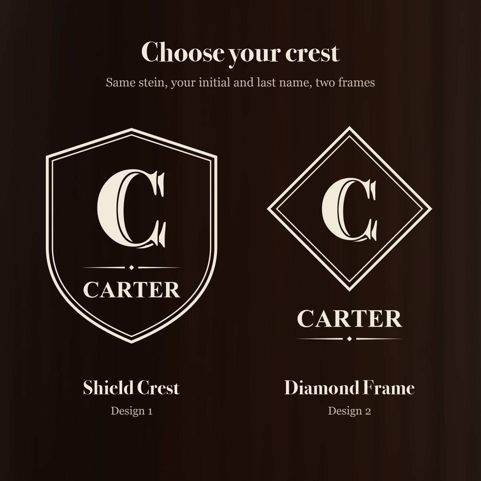 Two crest designs for the personalized monogram beer stein, the Shield Crest and the Diamond Frame, each shown with the initial C and the name Carter