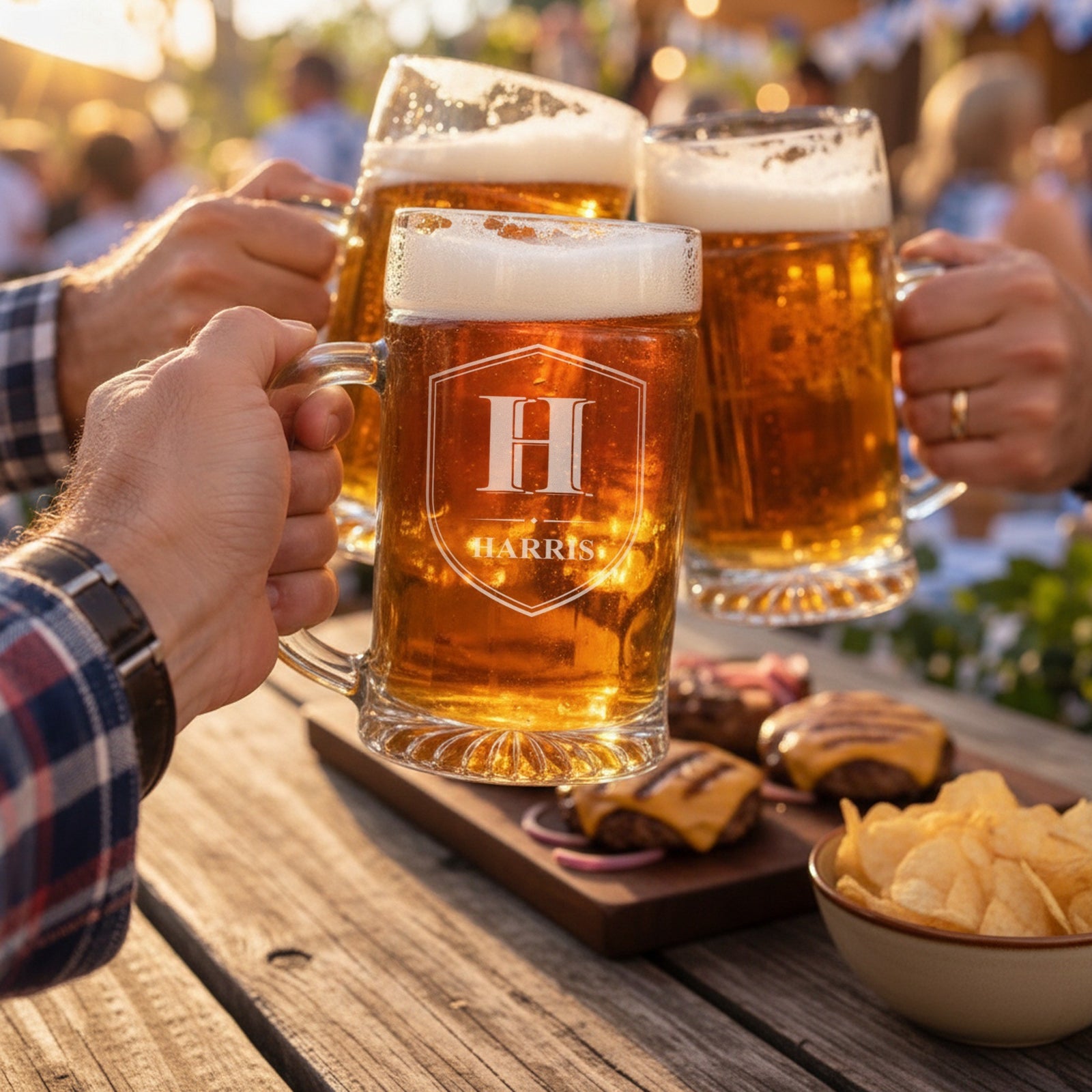 Three friends toasting with engraved 25 oz glass beer steins at a backyard cookout, the front stein etched with a Shield Crest reading H and Harris