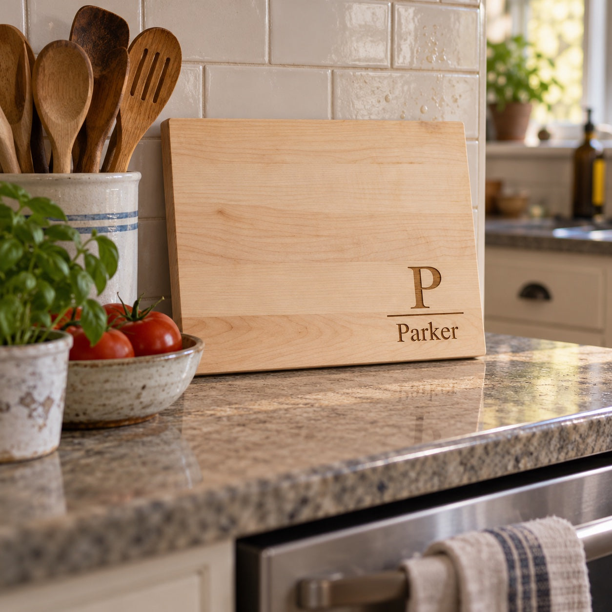 Maple monogrammed cutting board engraved P and Parker leaning on a kitchen backsplash beside wooden spoons, tomatoes and a potted herb