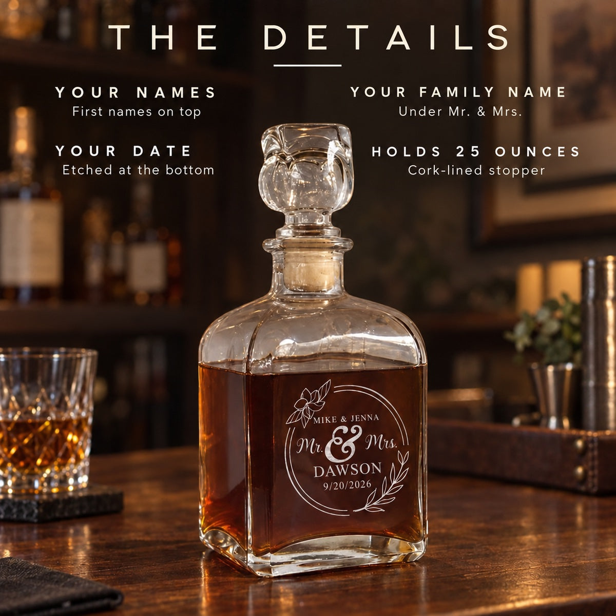 Details of the Mr and Mrs anniversary decanter etched DAWSON: your first names on top, your family name under Mr. & Mrs., your date, holds 25 ounces